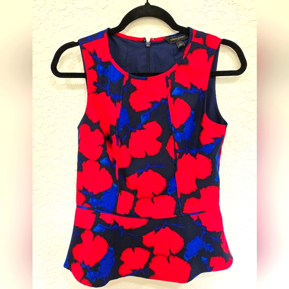 Blue with Red Flowers Fit and Flare blouse Banana Republic